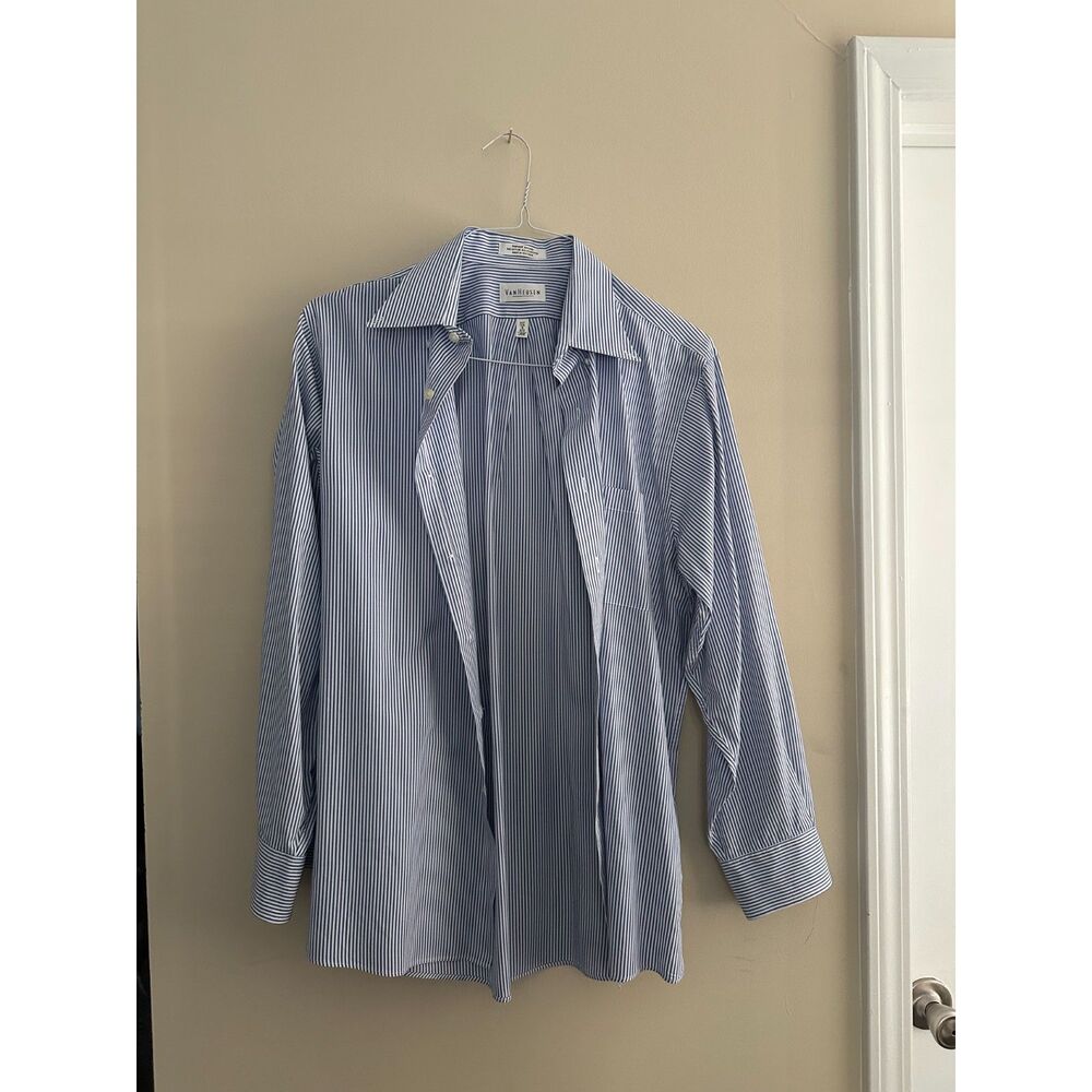 Van Heusen Mens Large 16 32/33 Blue White Stripe Pinpoint Oxford Dress Shirt